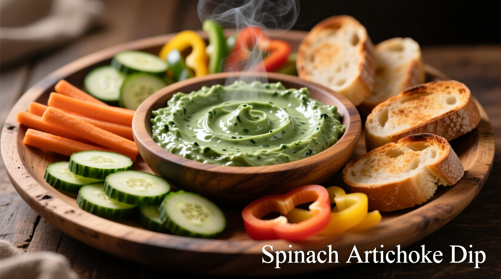 Spinach artichoke dip with assorted dippers on wooden platter