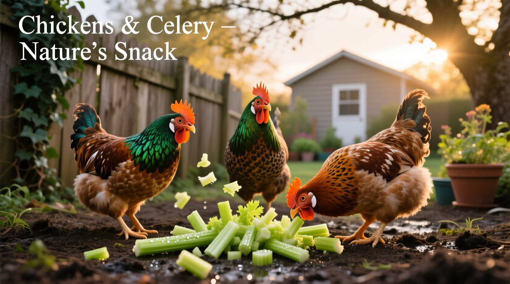 Backyard chickens pecking at chopped celery pieces