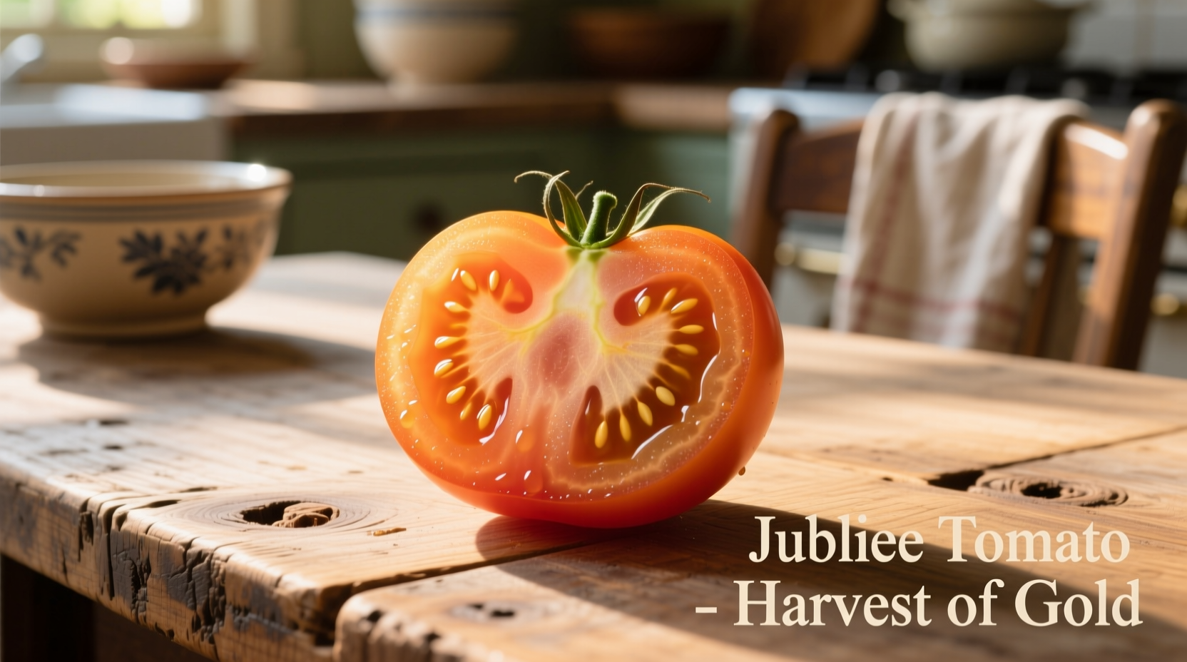 Golden-orange Jubilee tomato sliced open on wooden table