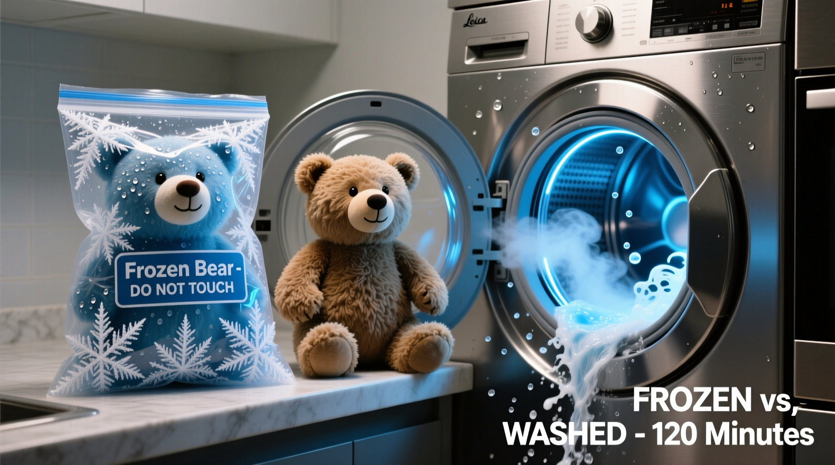 Two identical stuffed bears side-by-side: left bear sealed in labeled freezer bag with frost crystals; right bear mid-cycle in front-loading washer with visible steam and detergent suds