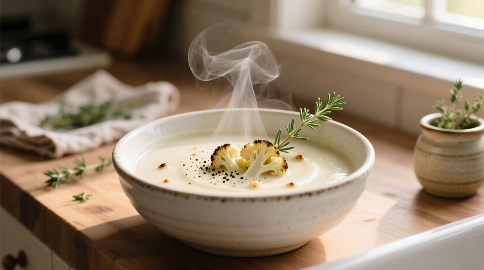 Creamy vegetarian cauliflower soup in white bowl