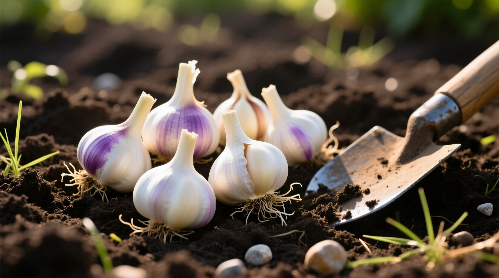 Garlic bulbs ready for planting in garden soil
