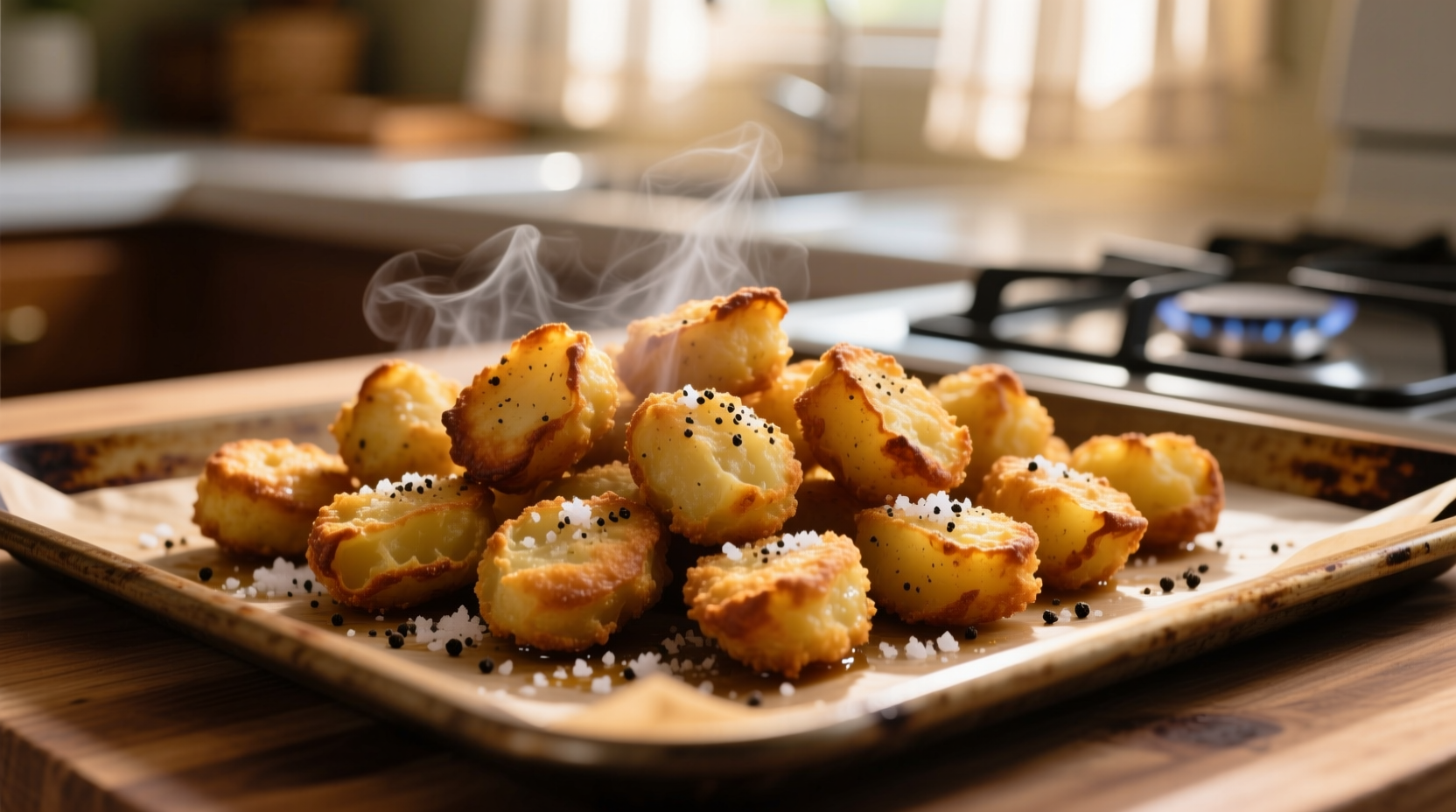 Golden brown homemade potato nuggets on baking sheet