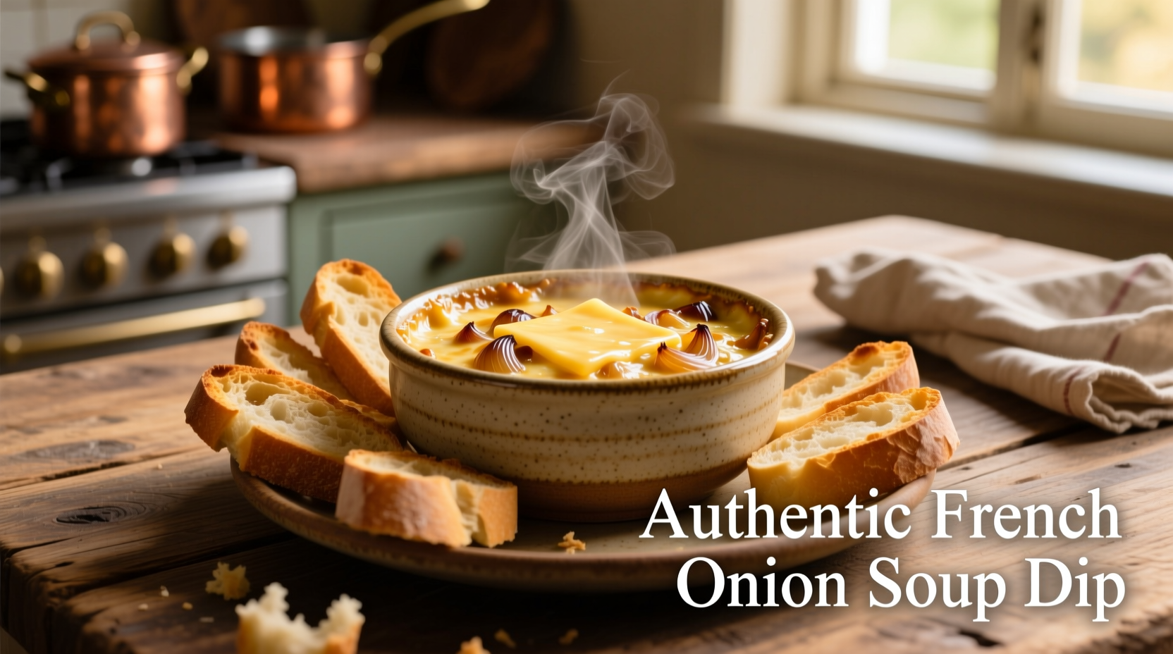 Golden French onion soup dip in ceramic bowl with baguette slices