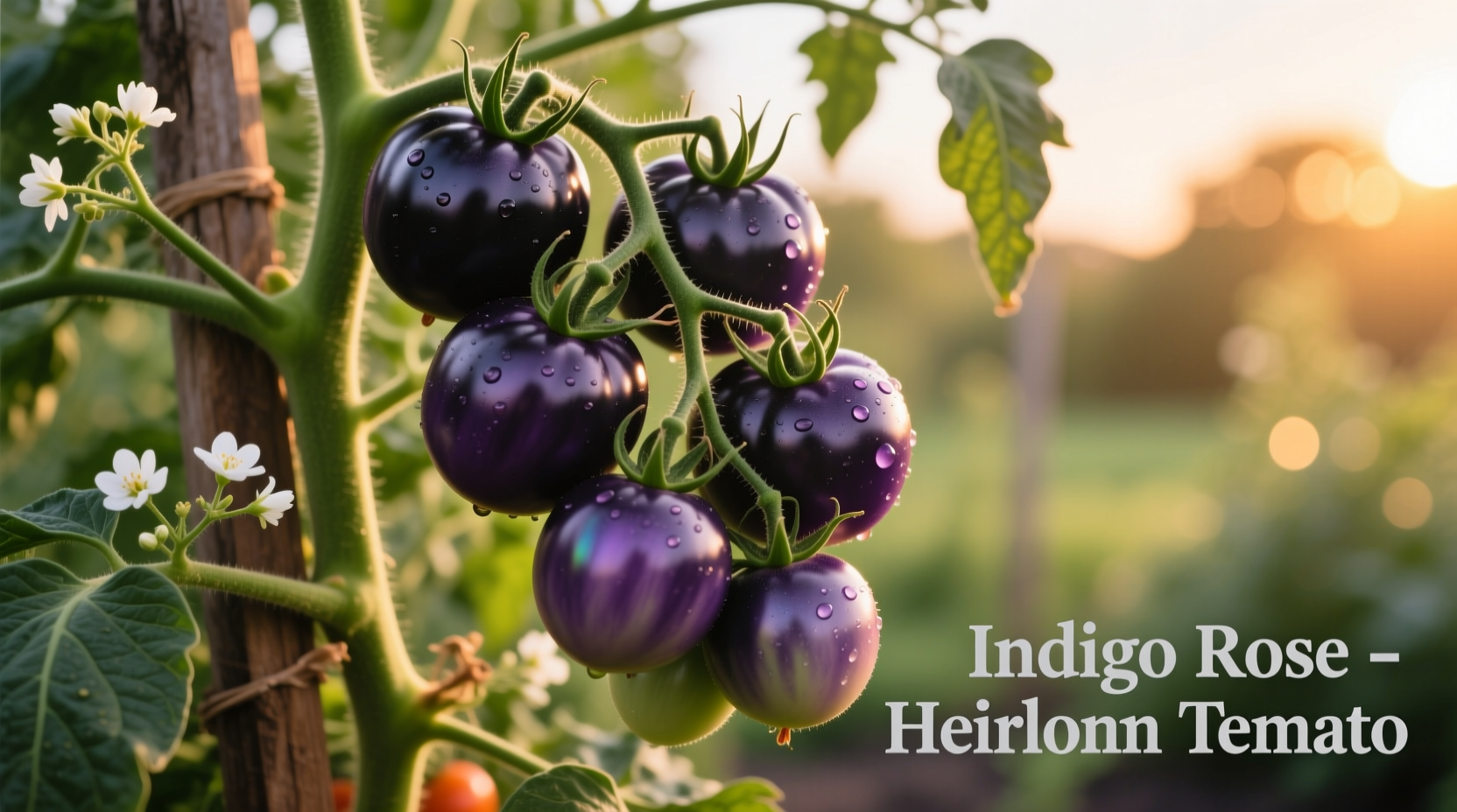 Indigo Rose tomatoes on vine showing purple-black coloration