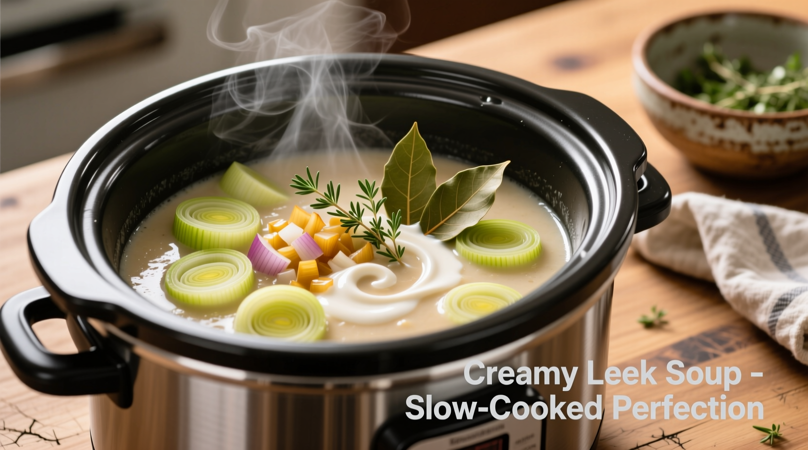 Slow cooker filled with creamy leek soup ingredients