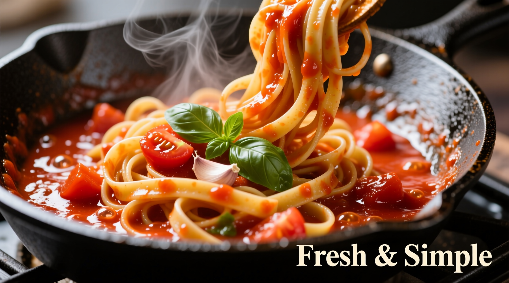 Fresh pasta with vibrant tomato sauce in a skillet