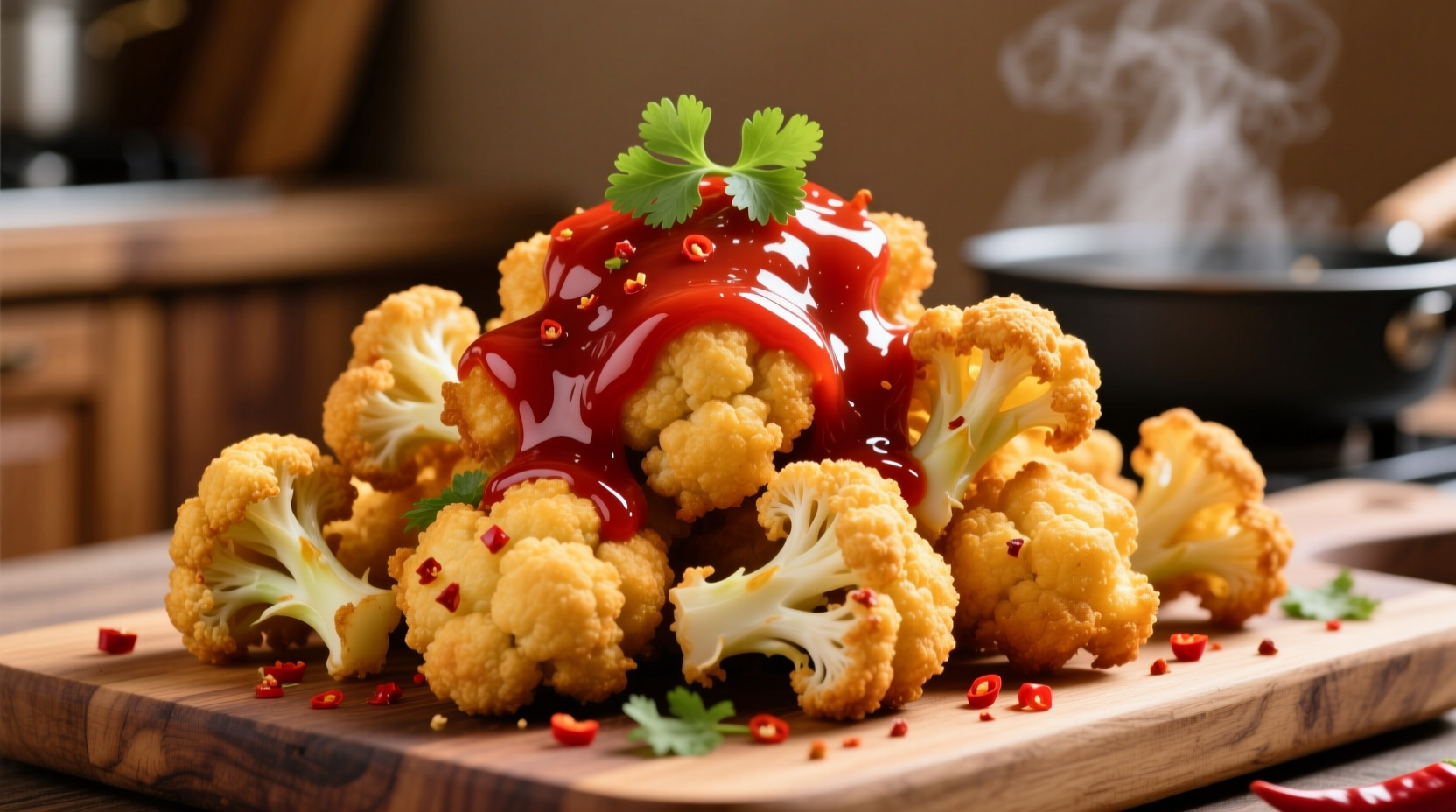 Golden fried cauliflower 65 with vibrant red sauce