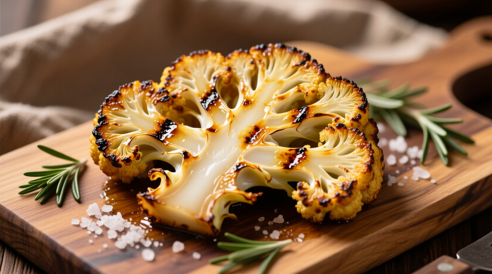 Golden roasted cauliflower steak with crispy edges on wooden board