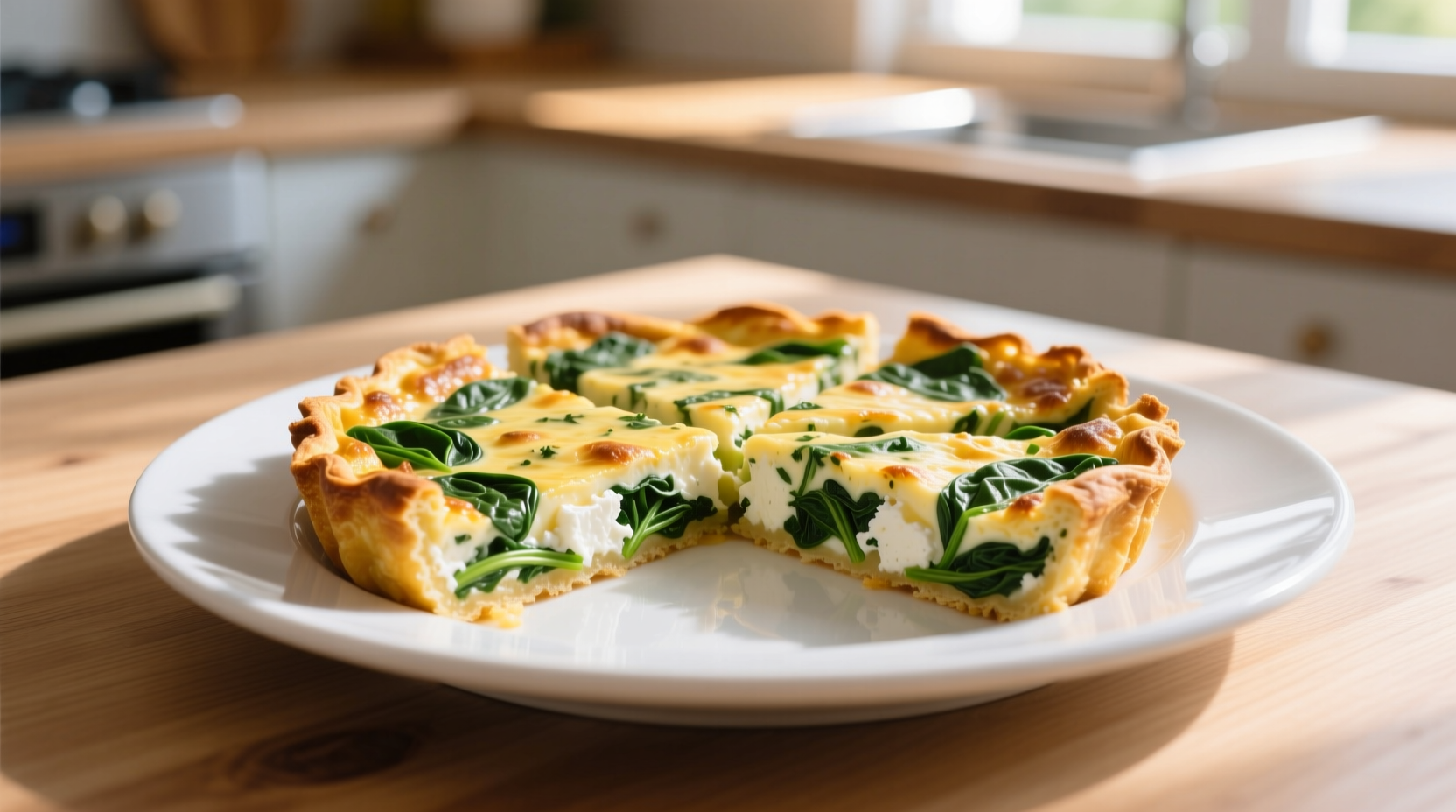 Golden spinach feta frittata sliced on white plate