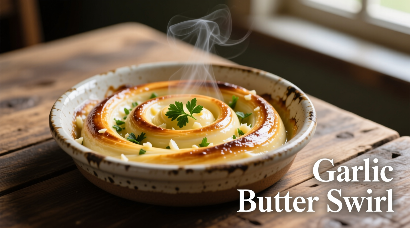 Homemade garlic butter swirl in ceramic dish