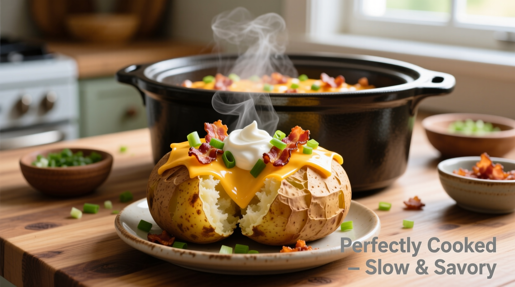 Perfectly cooked baked potatoes in crock pot with toppings