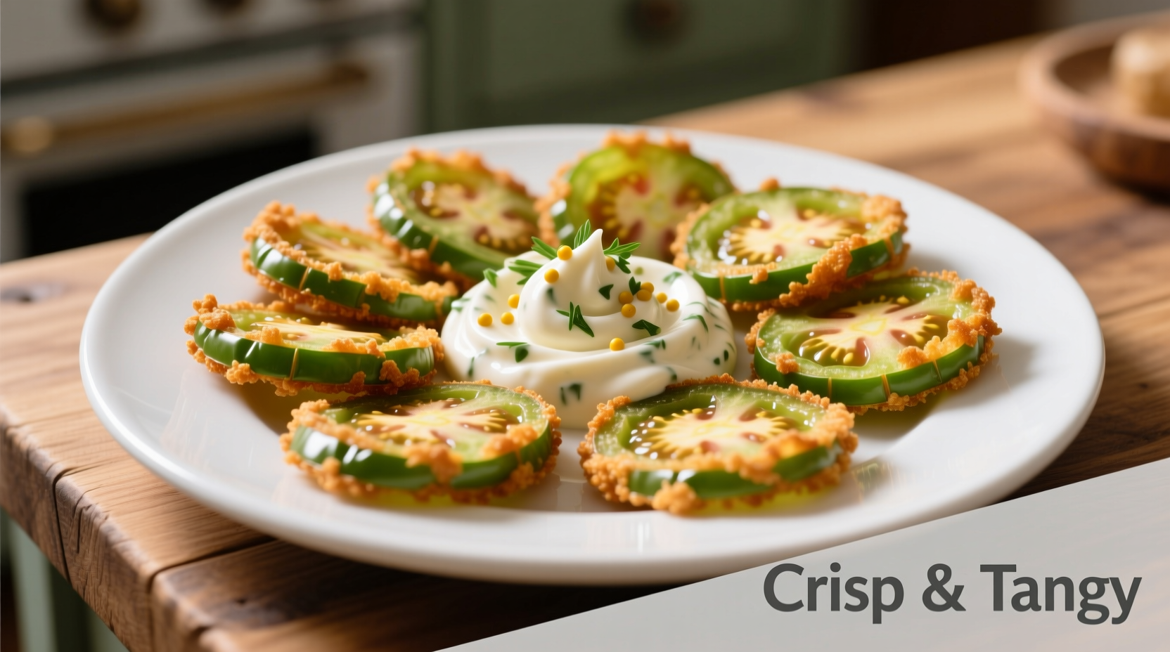Golden fried green tomato slices arranged on a white plate with remoulade sauce