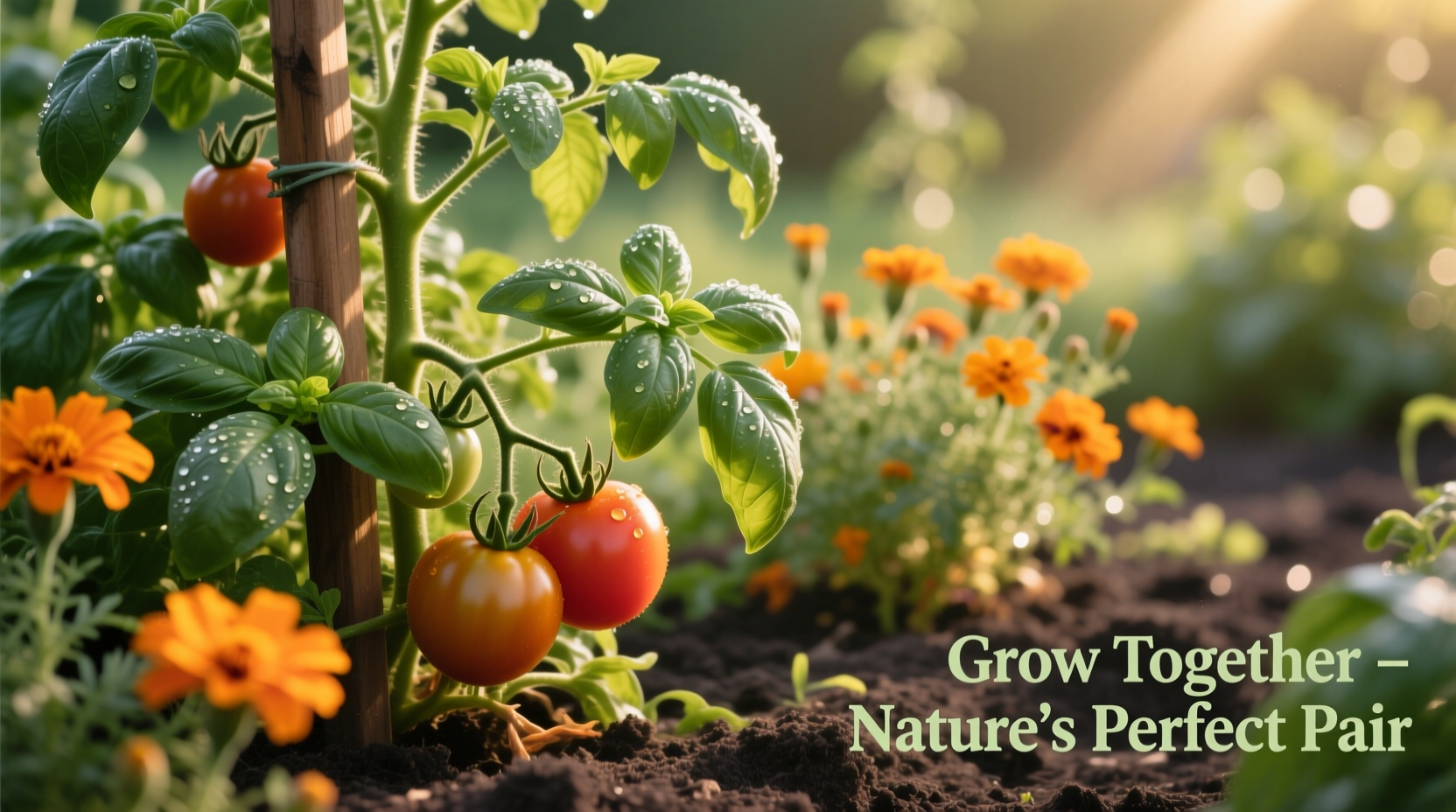 Tomato plants growing with basil and marigolds in garden