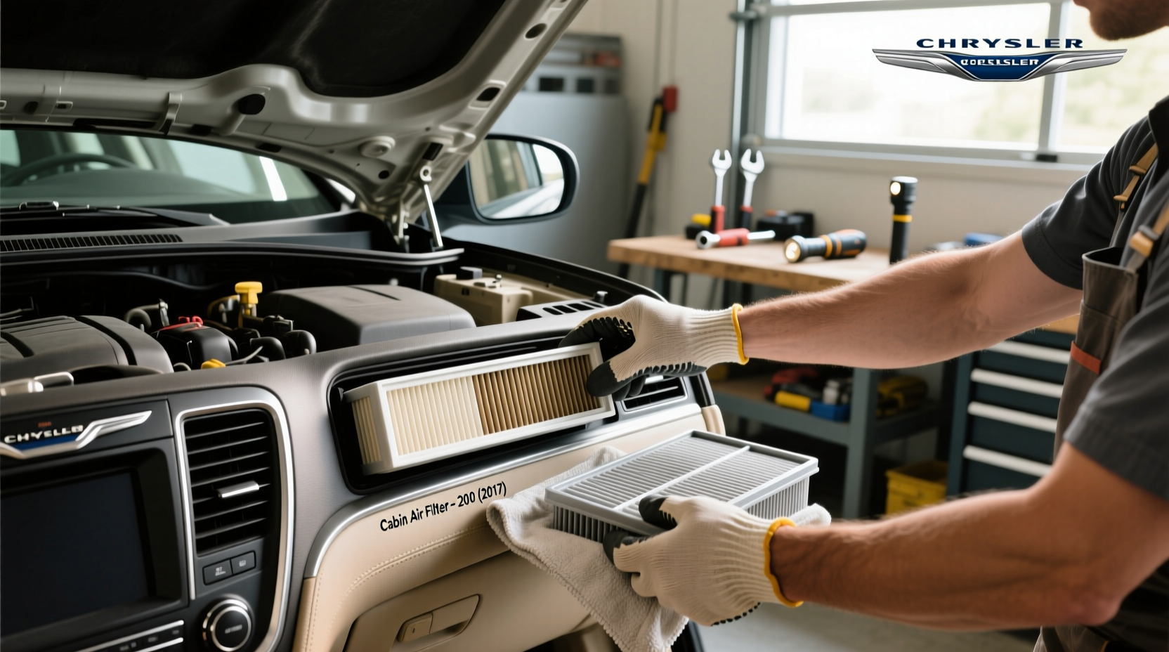 Chrysler 300 cabin air filter being removed from housing