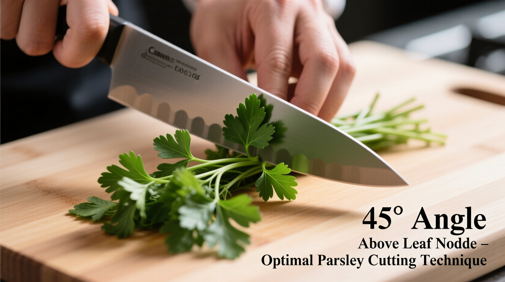 Proper parsley cutting technique showing 45-degree angle above leaf node