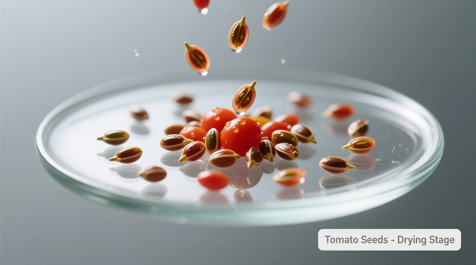 Tomato seeds drying on glass plate
