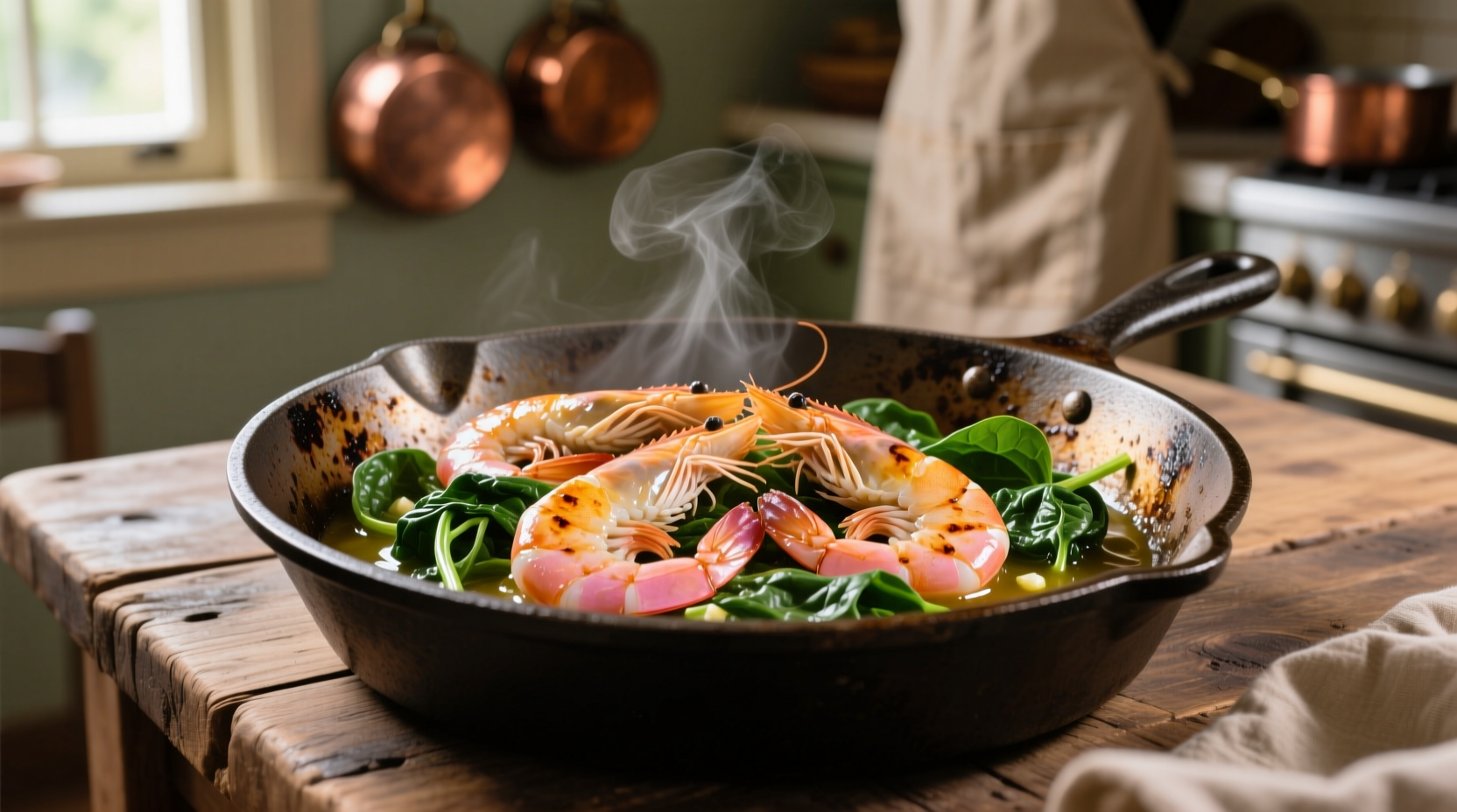 Perfectly cooked shrimp and spinach in cast iron skillet