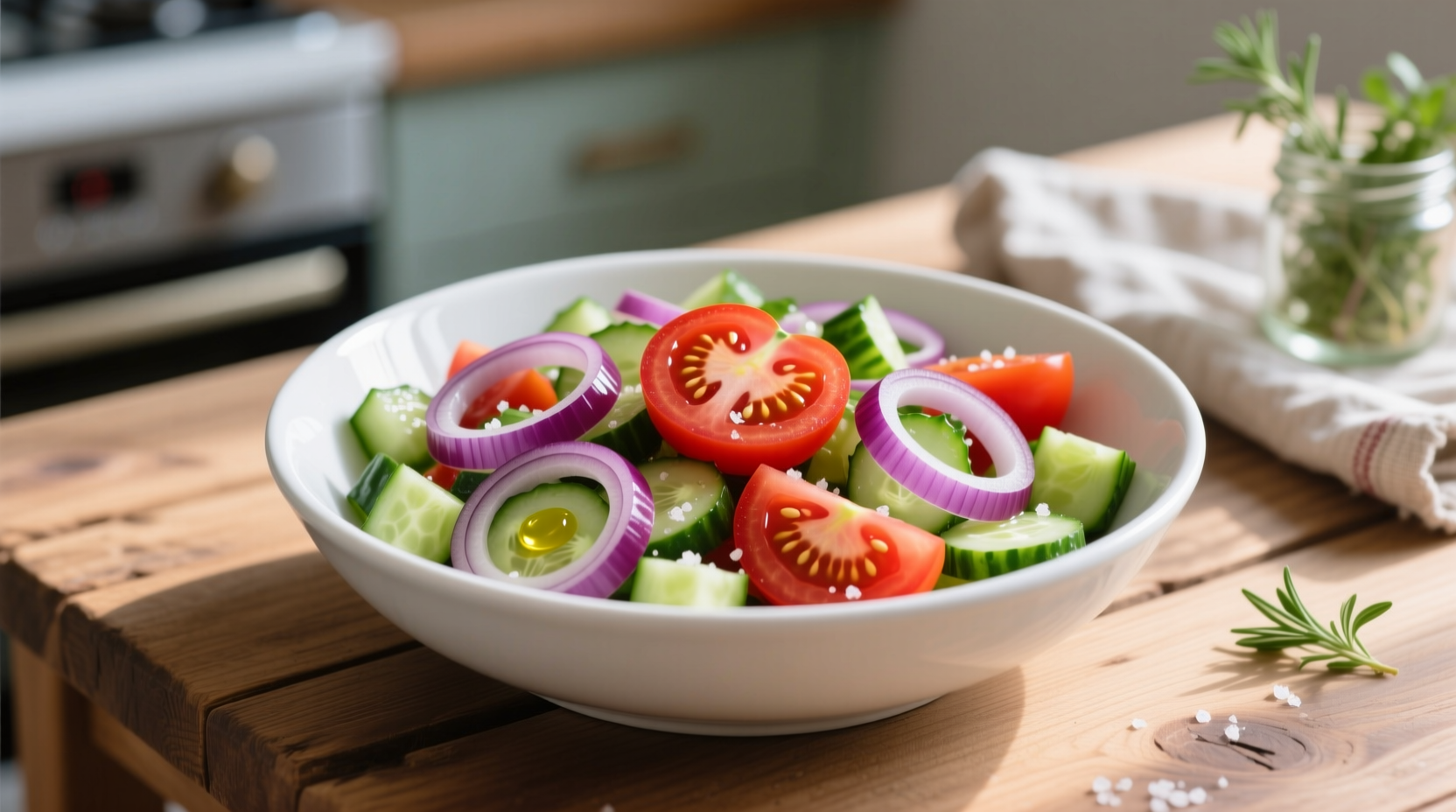 Fresh tomato onion cucumber salad in white bowl
