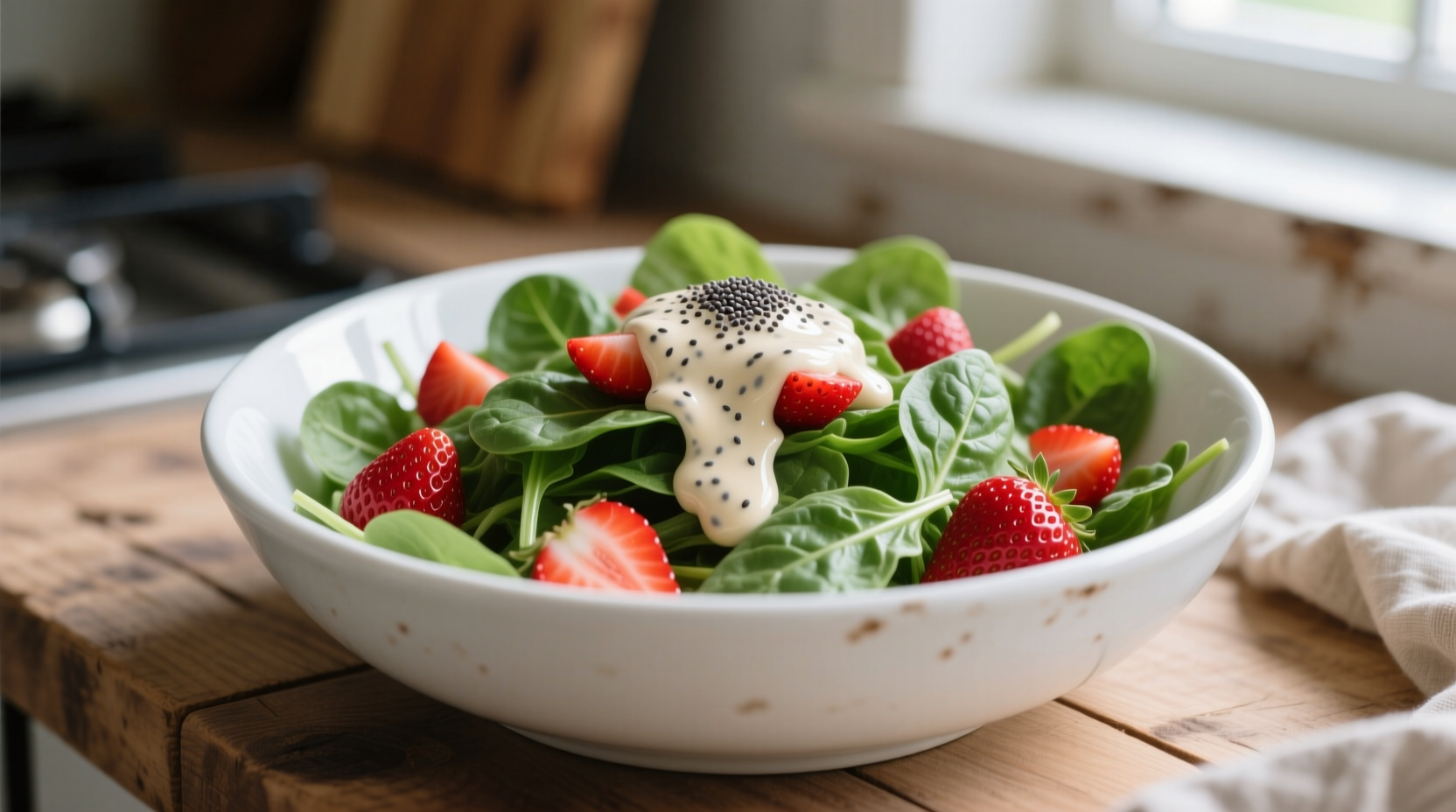 Fresh strawberry spinach salad with poppy seed dressing in white bowl