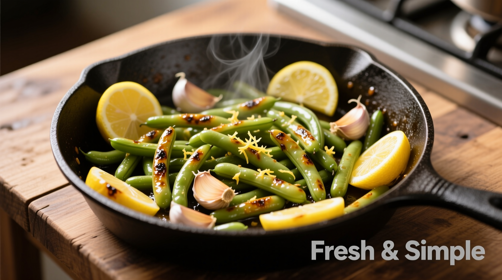 Perfectly sautéed green beans with lemon slices and garlic