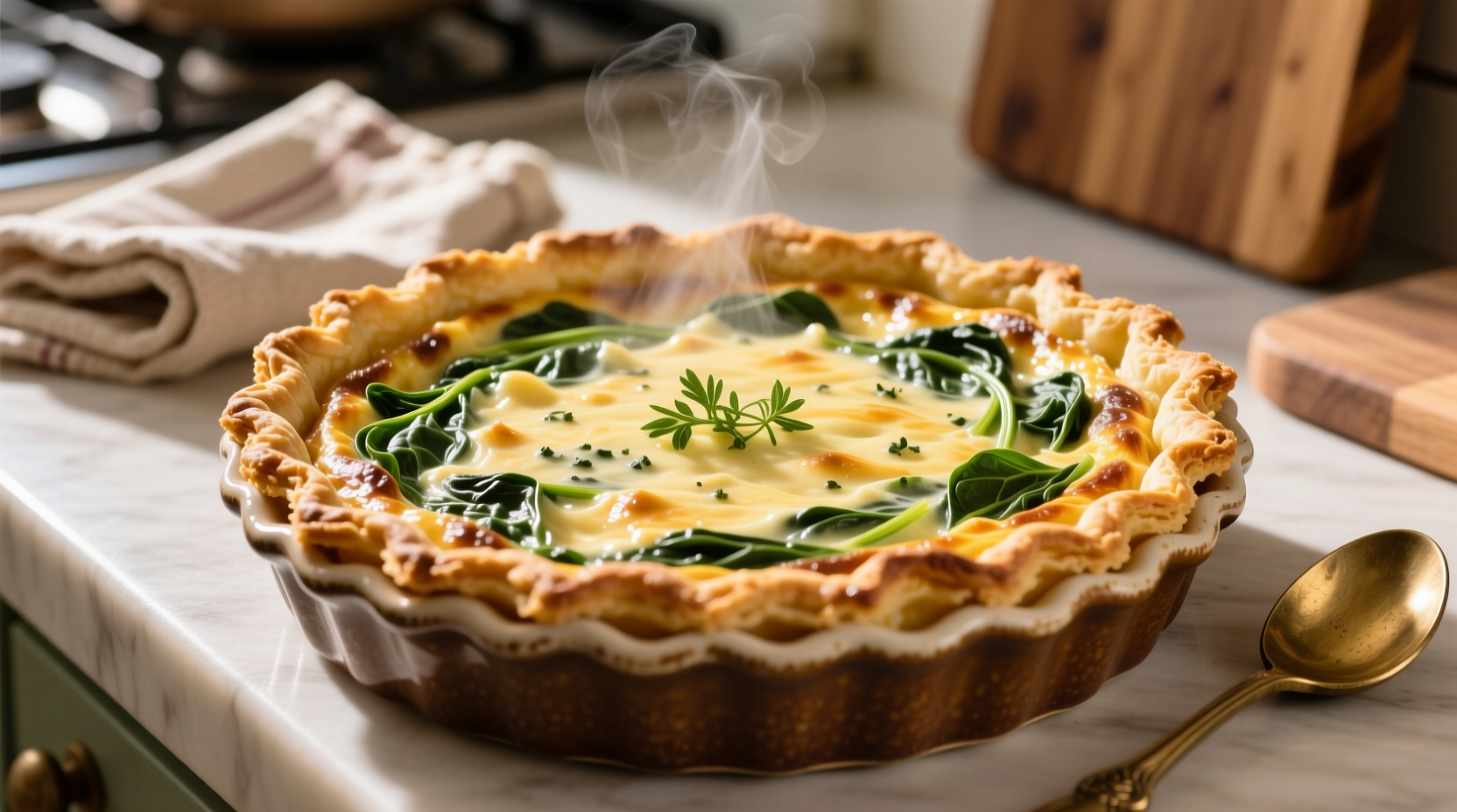 Golden brown spinach quiche with flaky crust edges