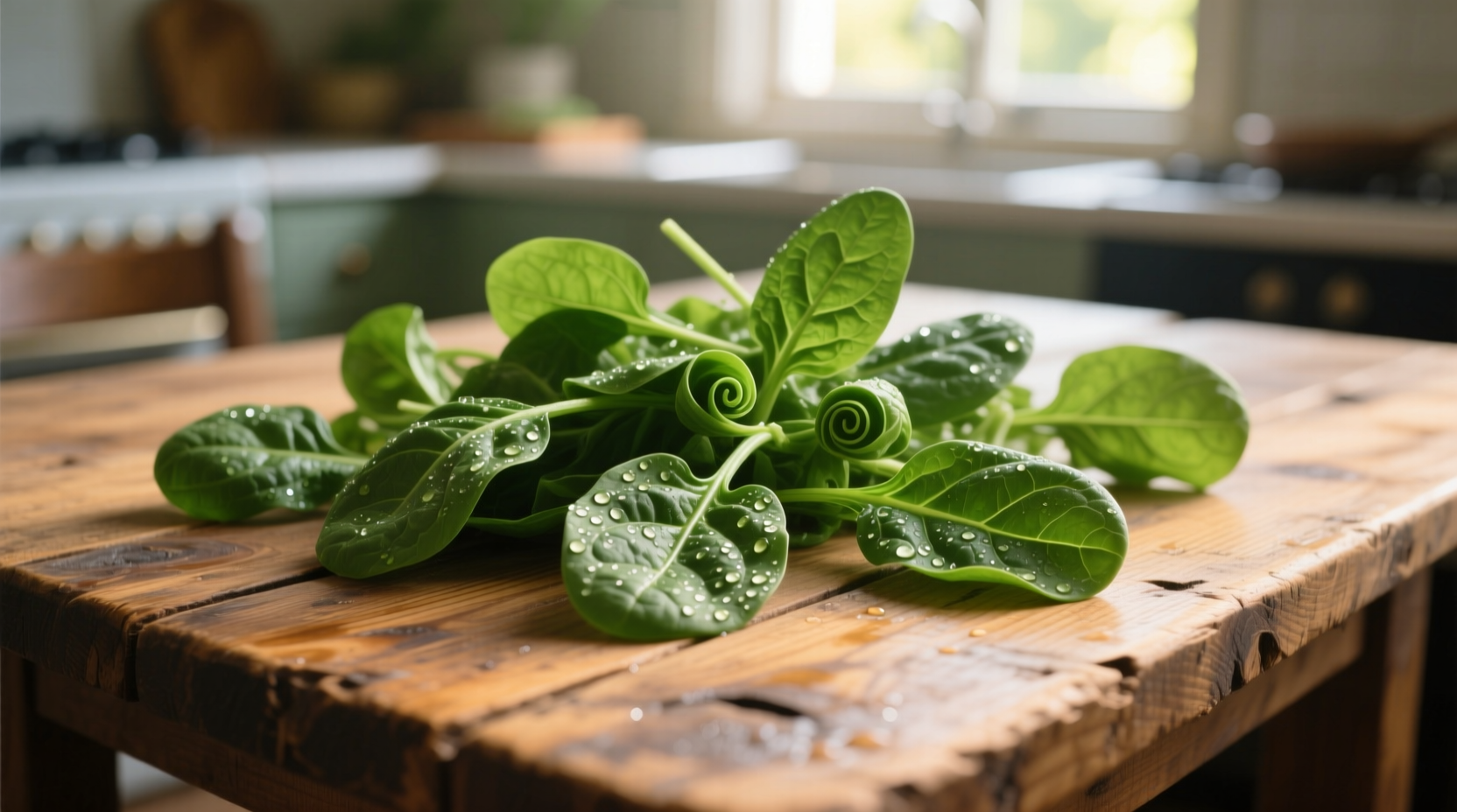 Fresh spinach leaves on wooden table