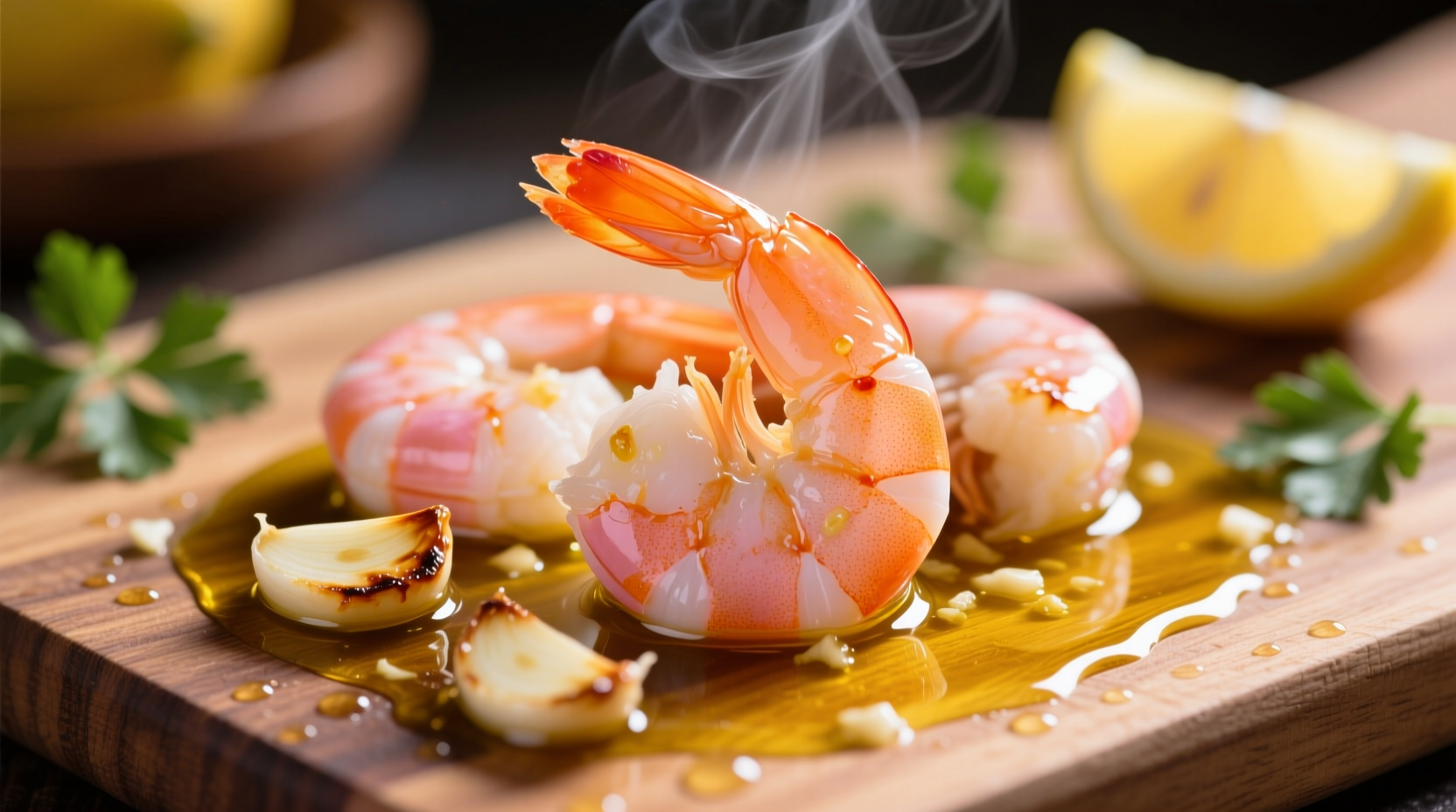 Fresh shrimp sizzling in garlic-infused olive oil