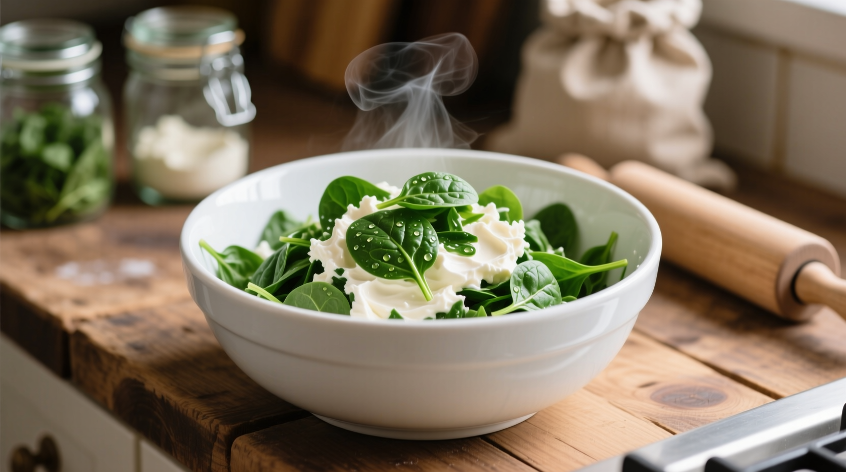 Fresh spinach and cream cheese in mixing bowl