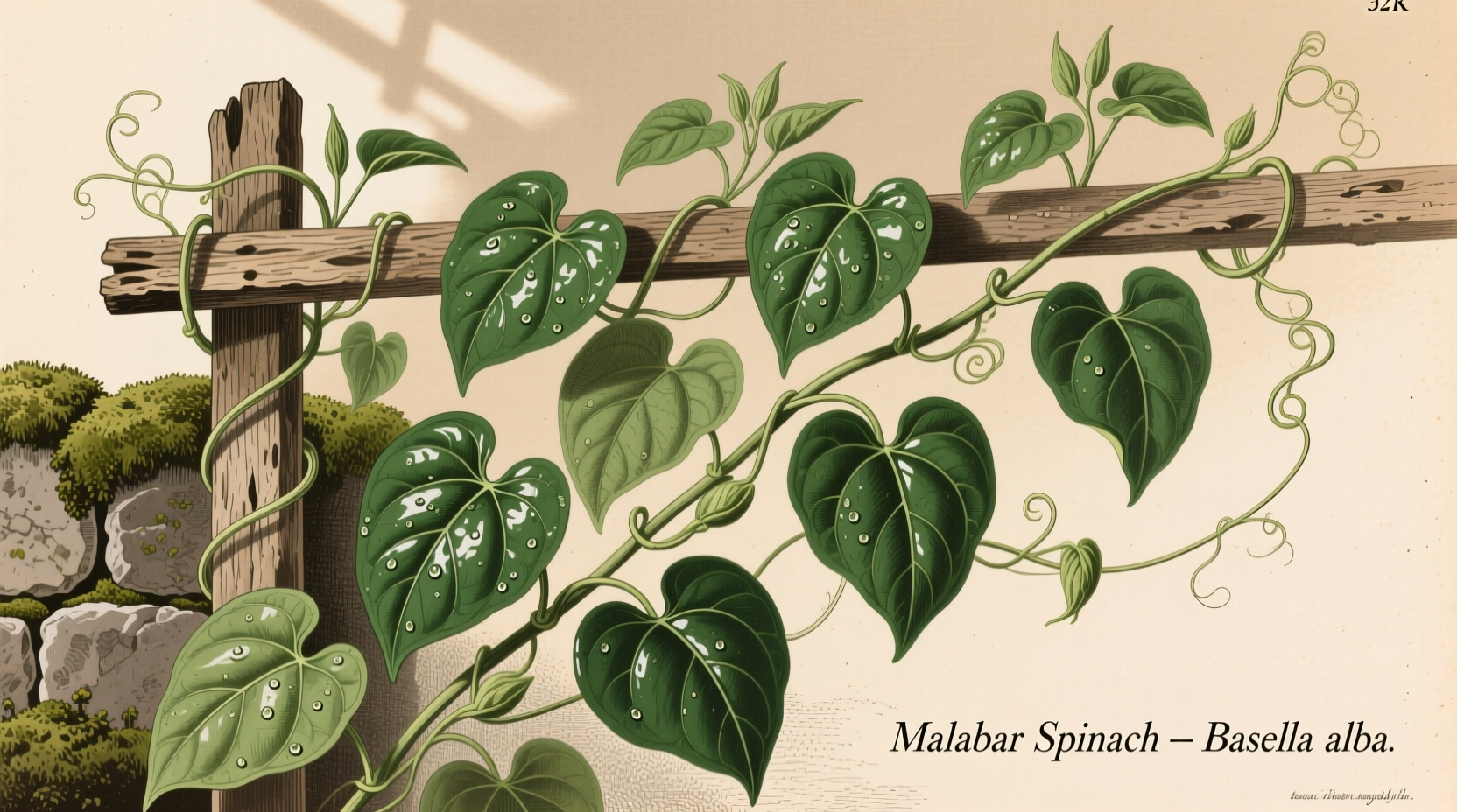 Malabar spinach vine with glossy green leaves climbing trellis