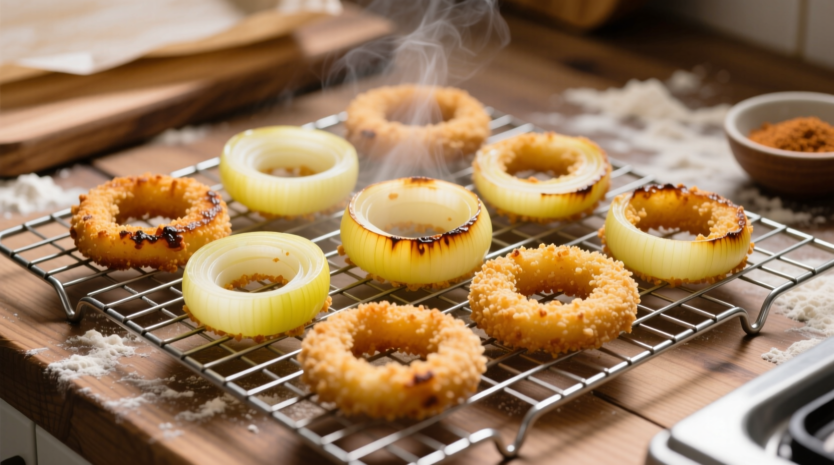 Homemade baked onion rings on a cooling rack