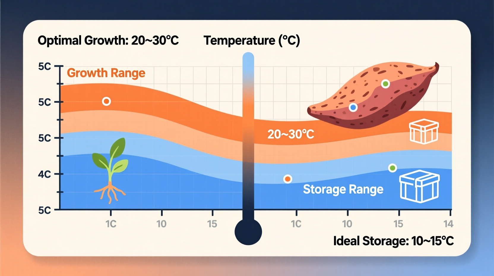 Sweet potato temperature chart showing optimal ranges for growth and storage