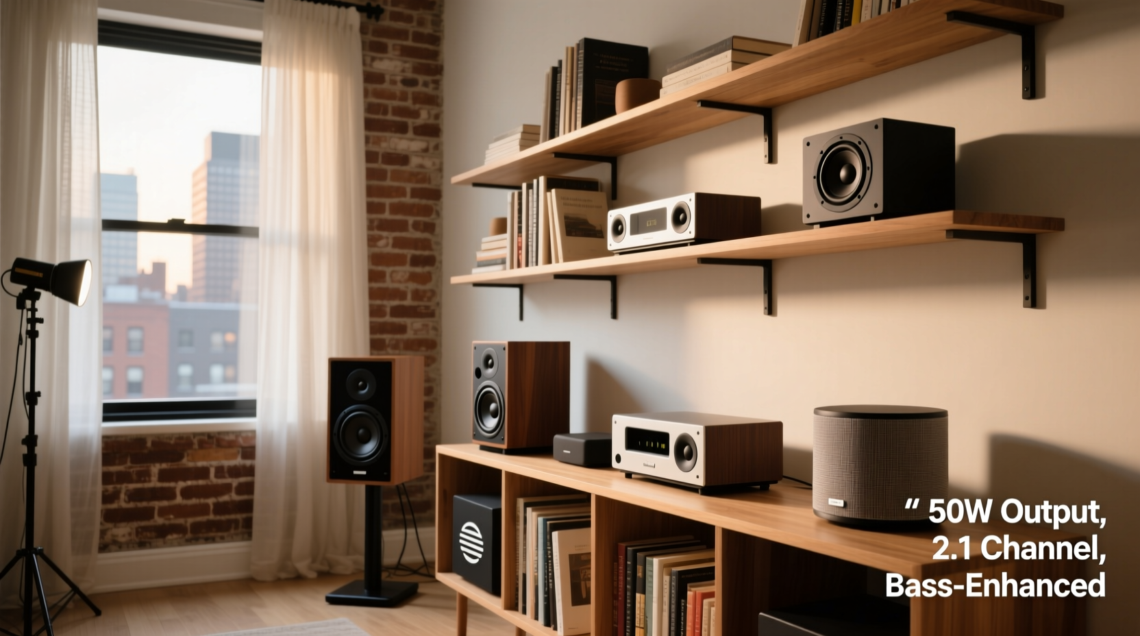 sound system for studio apartment bookshelves