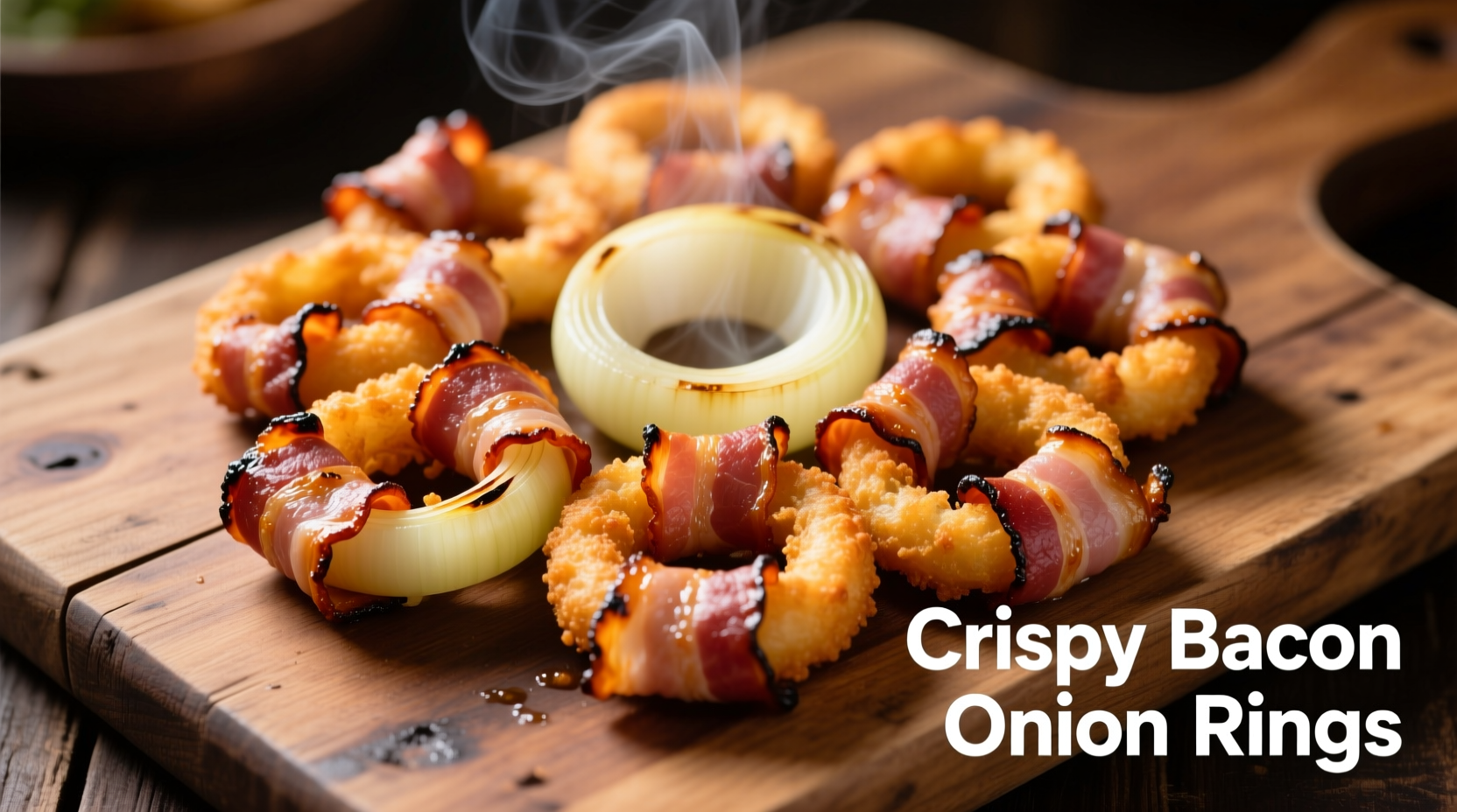 Crispy bacon wrapped onion rings on wooden board