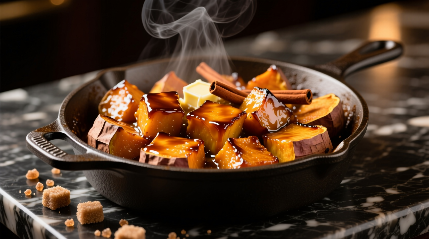 Perfectly caramelized Ruth Chris style sweet potatoes in baking dish