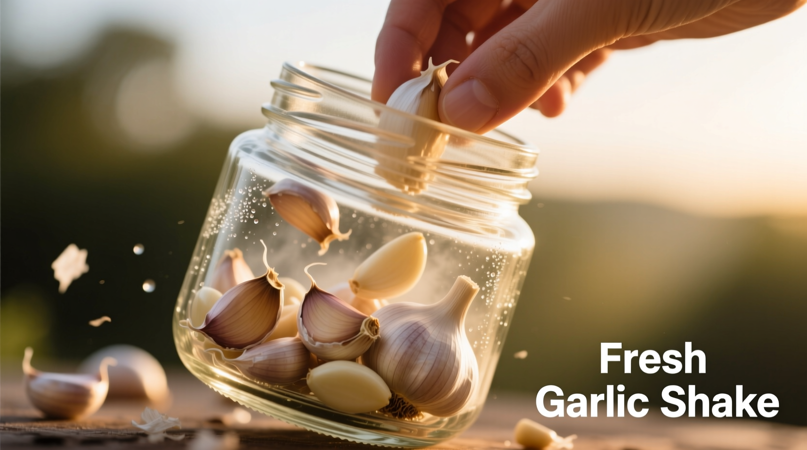 Hand shaking garlic cloves in glass mason jar