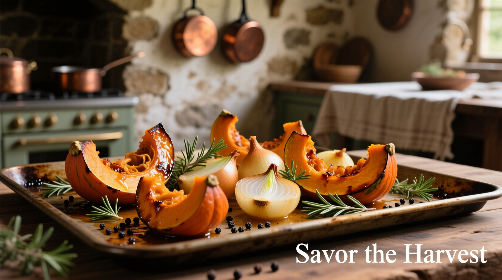Roasted squash and onions on baking sheet