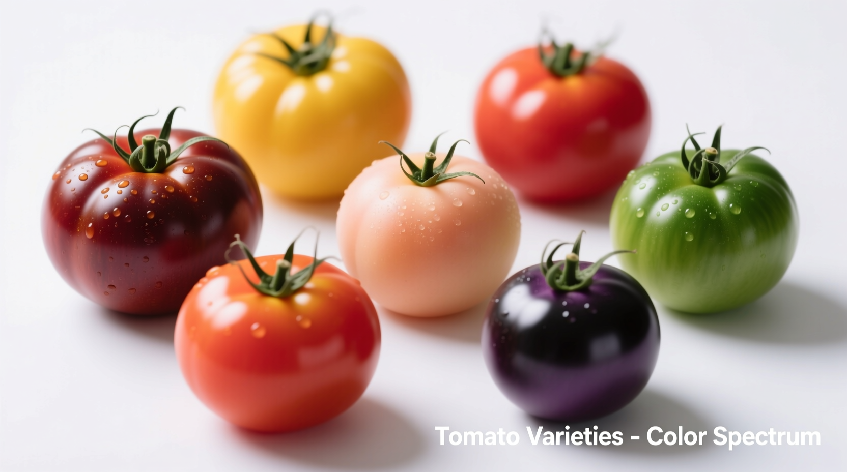 Color spectrum of different tomato varieties on white background