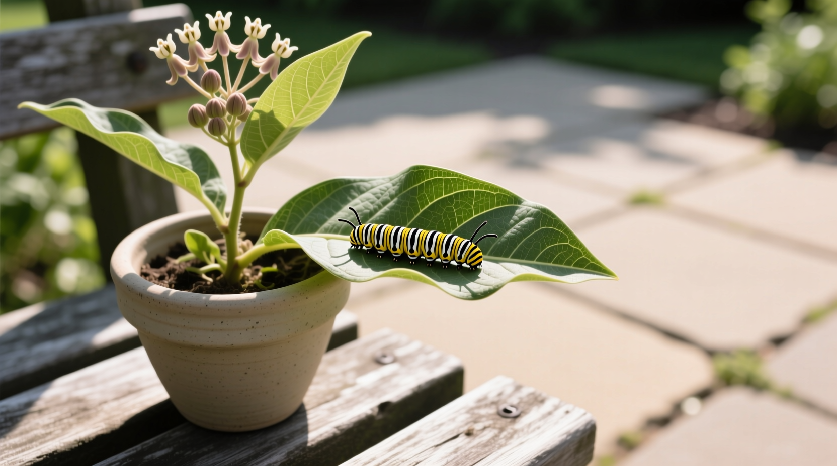 Close-up of native common milkweed (Asclepias syriaca) with monarch caterpillar on leaf in container garden