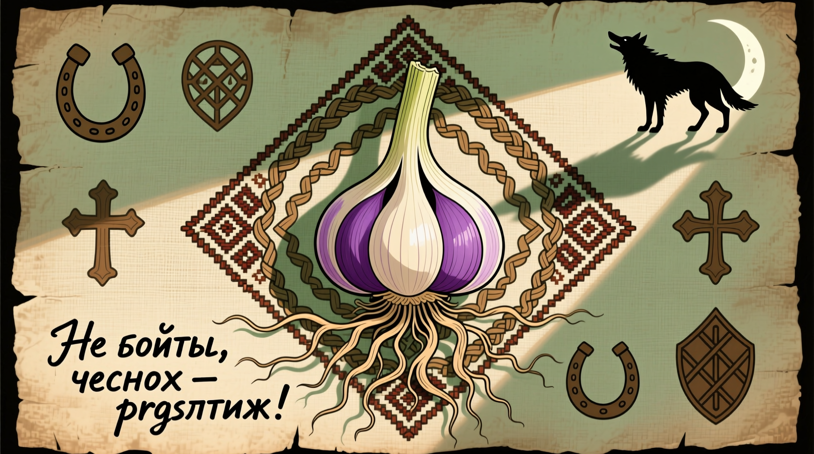 Historical illustration of garlic used in Eastern European folklore