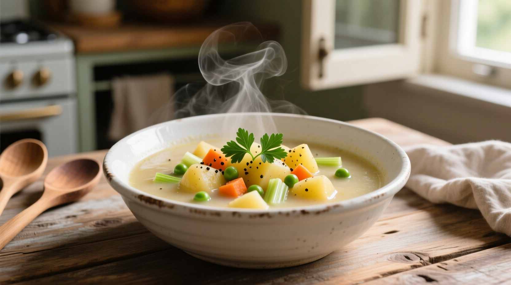 Homemade potato vegetable soup in white bowl