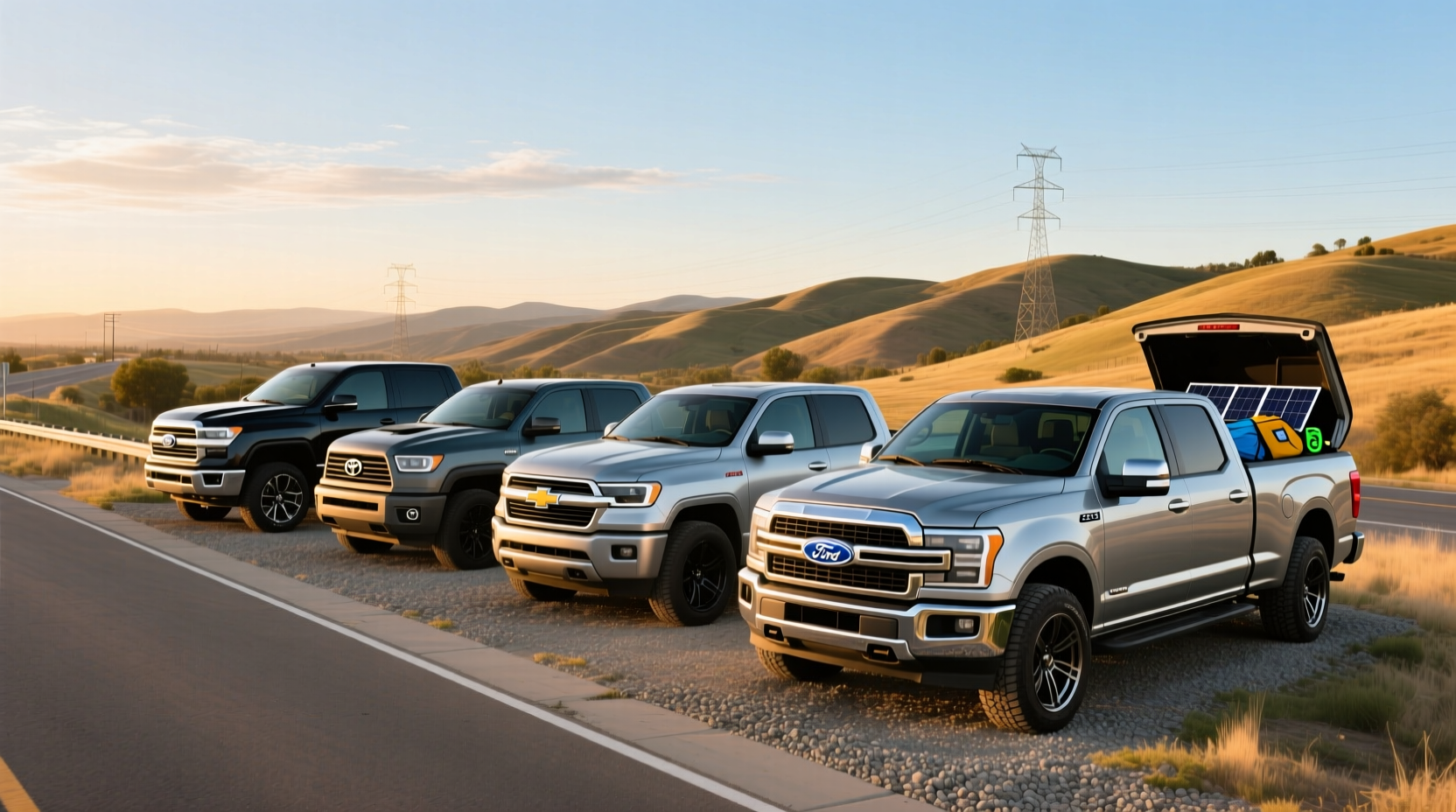 Chevrolet Silverado 1500 Diesel and Ford F-150 Hybrid parked side by side on rural road