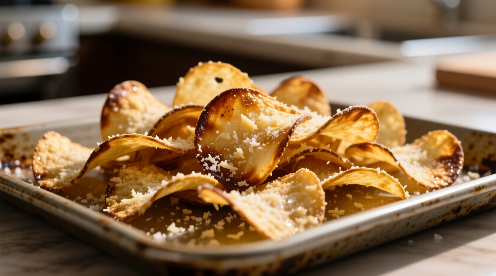 Golden brown onion parmesan chips on baking sheet