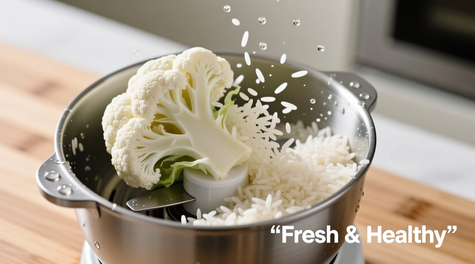Fresh cauliflower florets being processed into rice