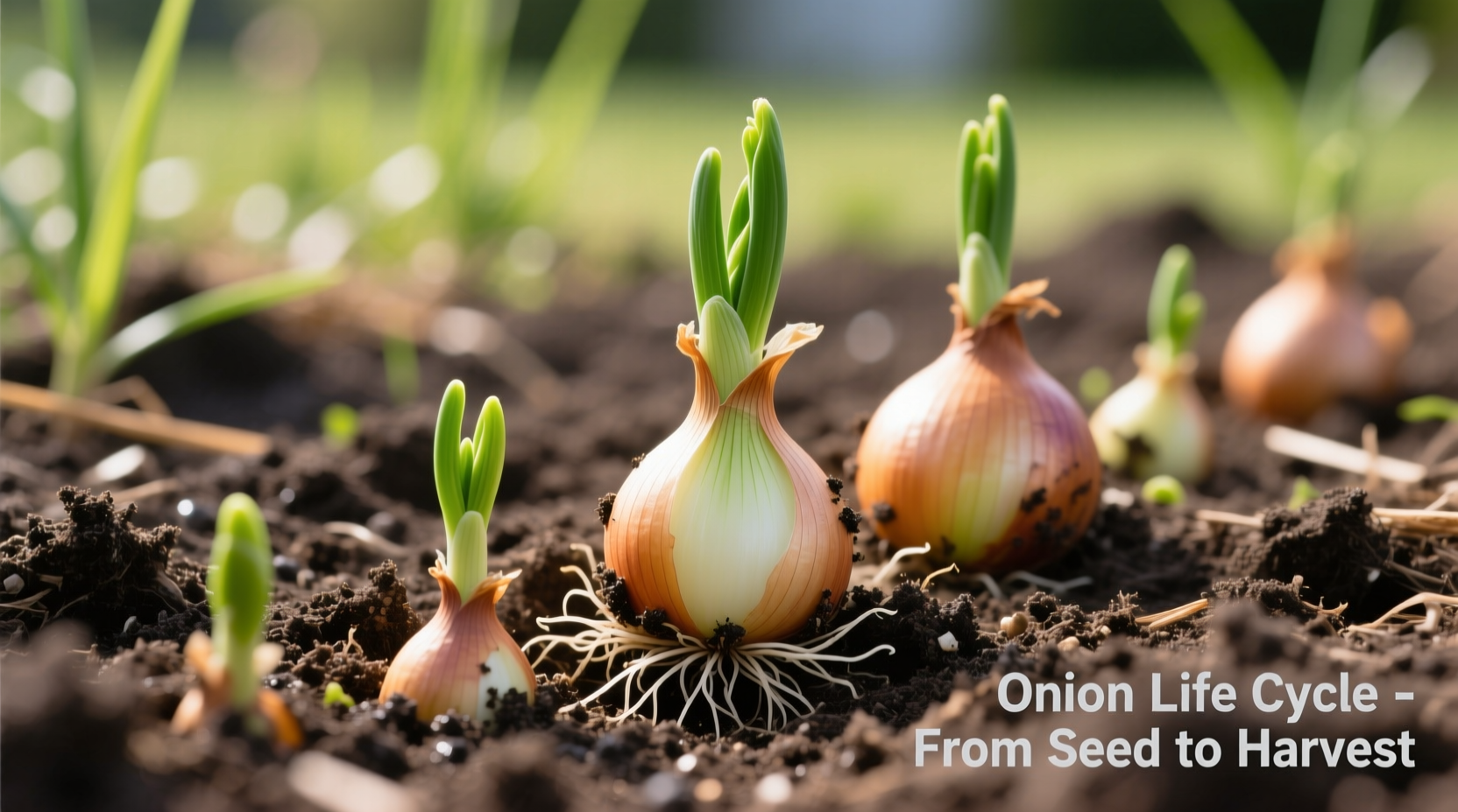 Close-up of onion bulb development stages in garden soil