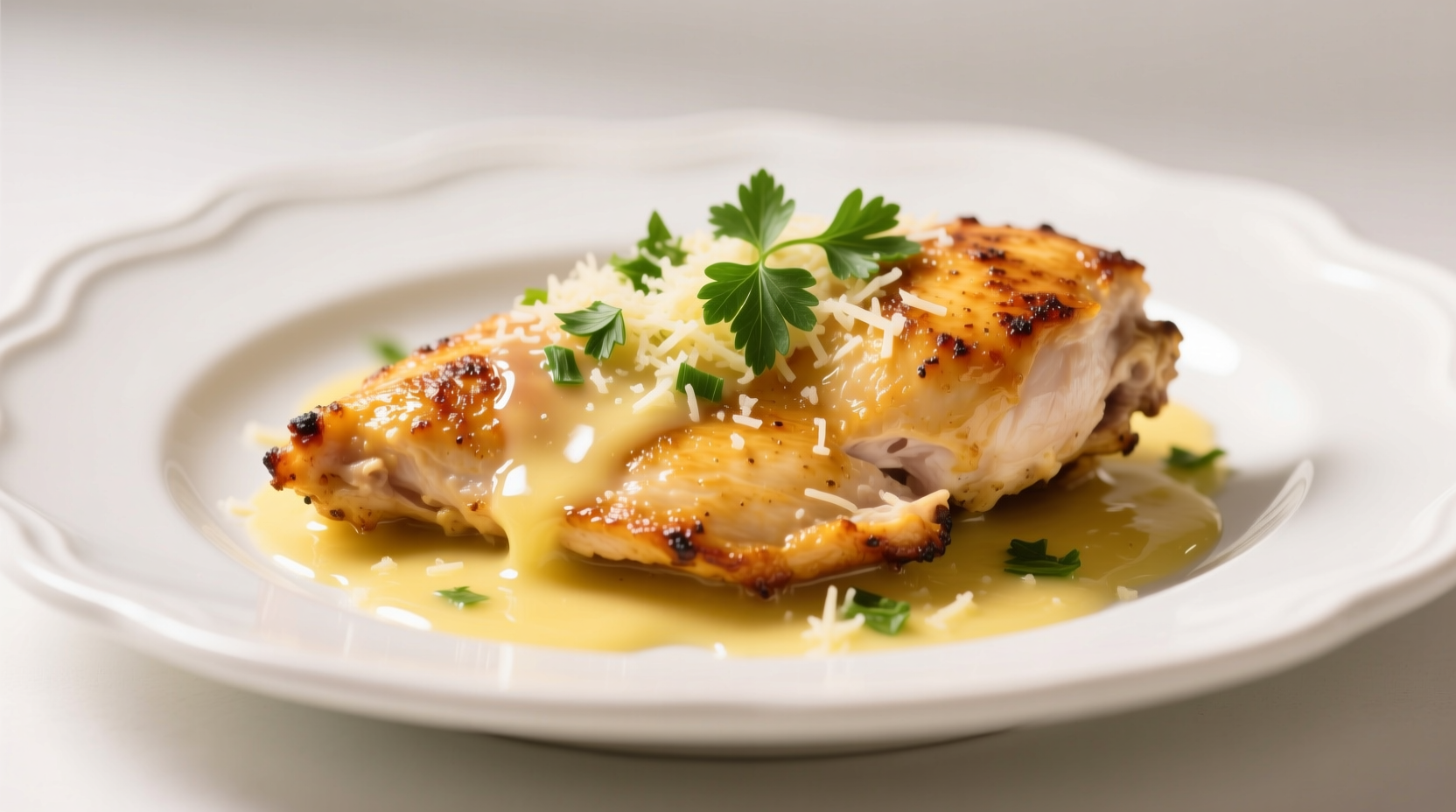 Golden lemon garlic parmesan chicken on white plate