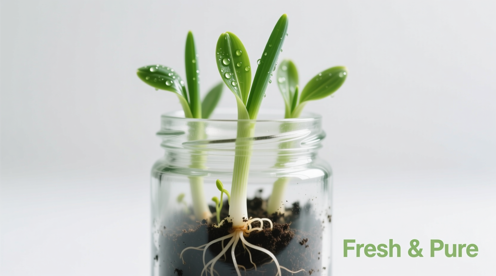 Fresh green onion sprouts growing in clear glass