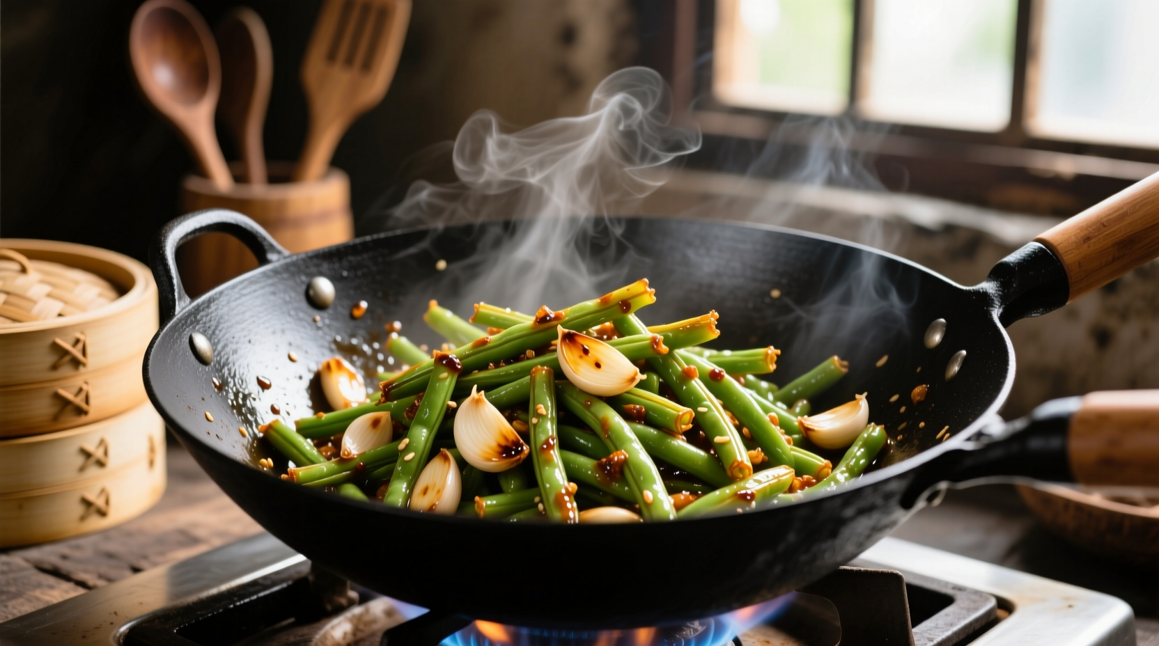 Crispy Chinese green beans with garlic in wok