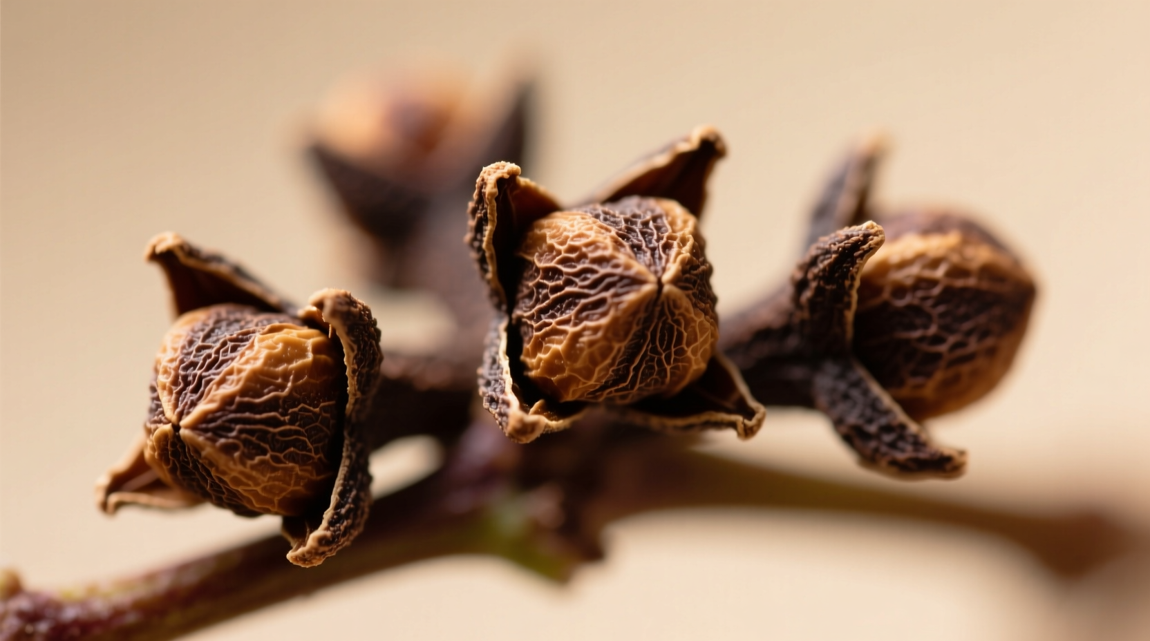 Close-up of whole cloves showing their nail-like shape