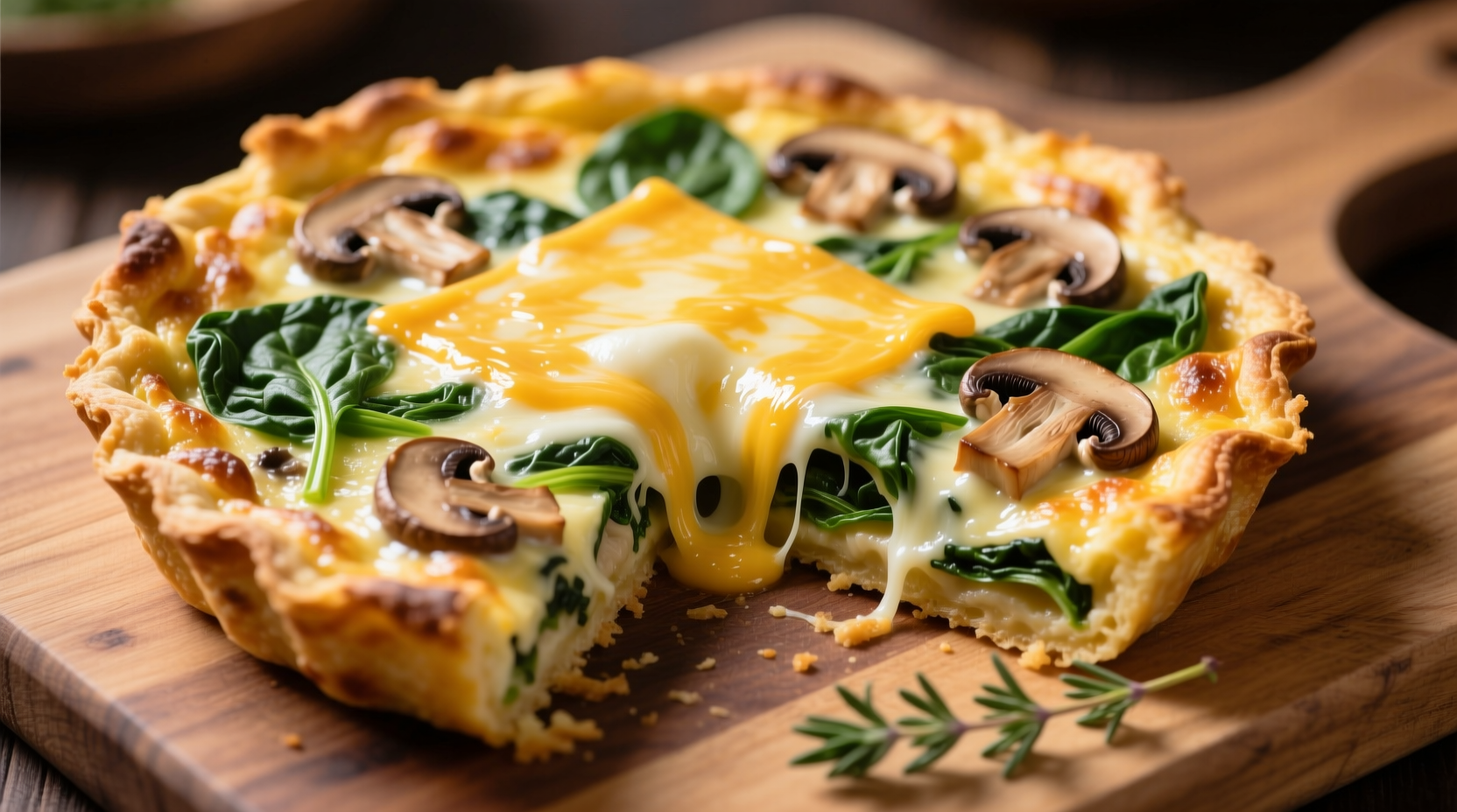 Golden mushroom spinach frittata with melted cheese